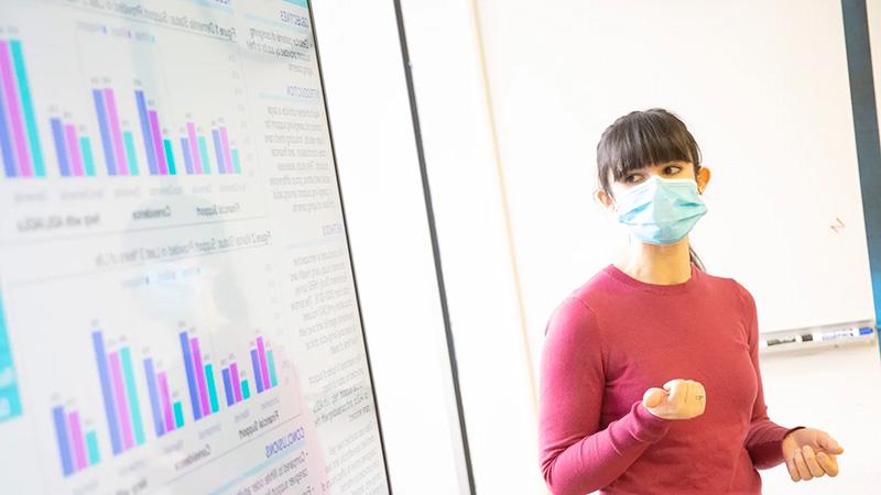 Women in a mask stands in front of a large screen with bar graphs